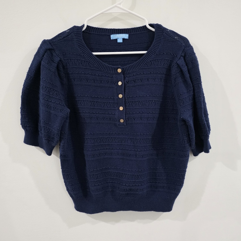 Draper James Rsvp Womens Pointelle Knit Sweater Size Large Navy Blue Gold Button